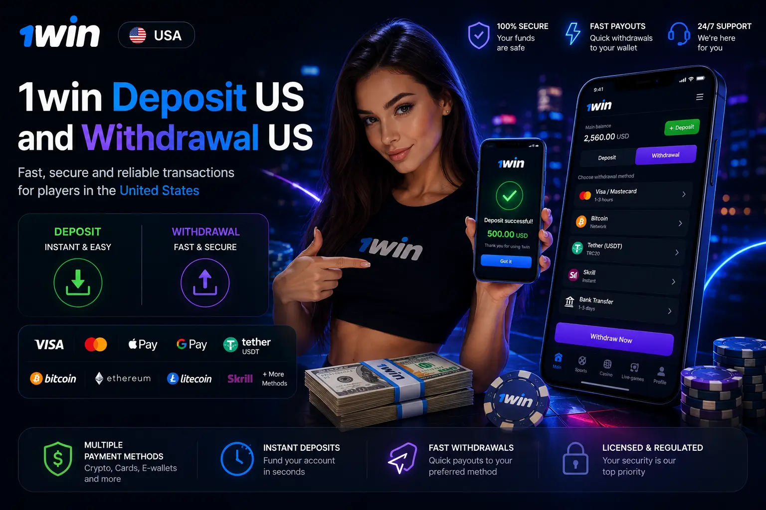 1win USA deposit and withdrawal interface showing mobile app with payment methods and security features