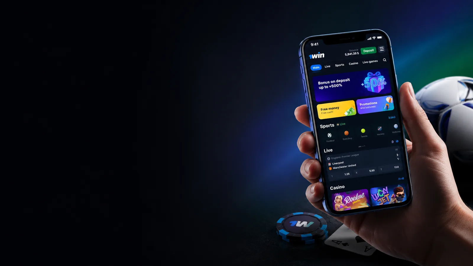 1win USA sports betting and casino app displayed on iPhone with deposit bonus and live games