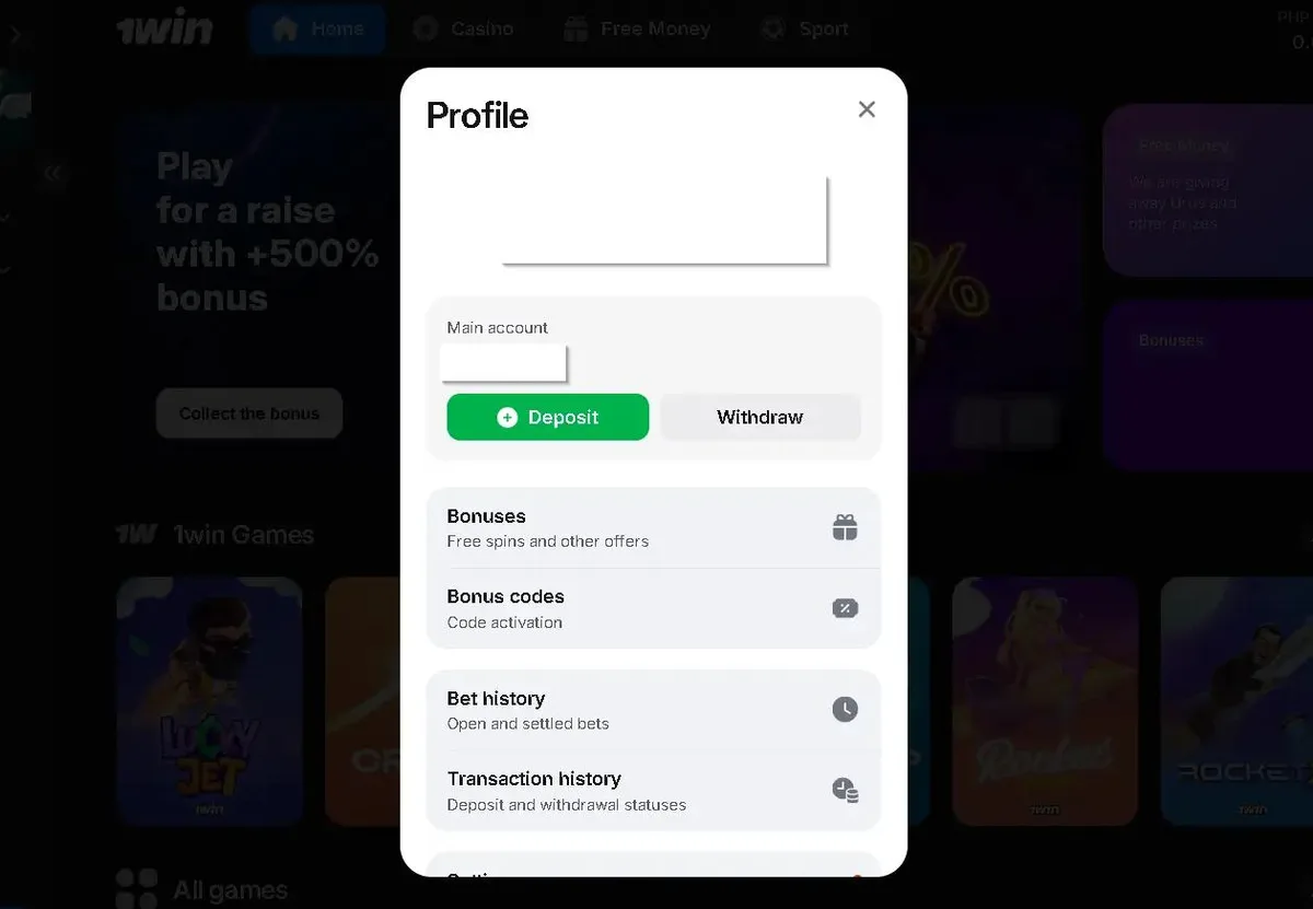 1win USA deposit and withdrawal interface showing mobile app with payment methods and security features